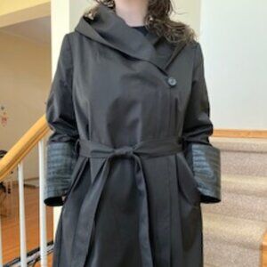 Via Spiga Multimedia Asymmetrical Closure Hooded Trench Coat in Black, Size XL